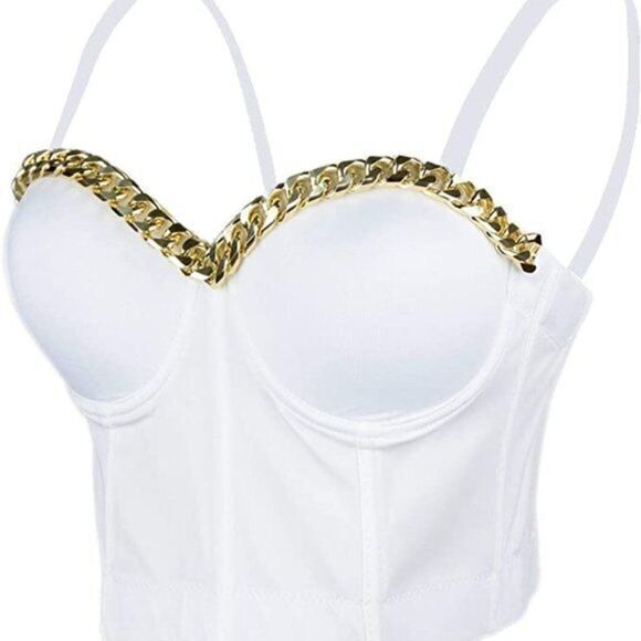 Micas Gold-Tone Chain Detail Bustier White Corset Top‎ Size M - Picture 12 of 15